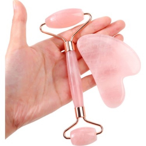 Pembe Kuvars Gua Sha Ve Roller Masaj Taşı Seti